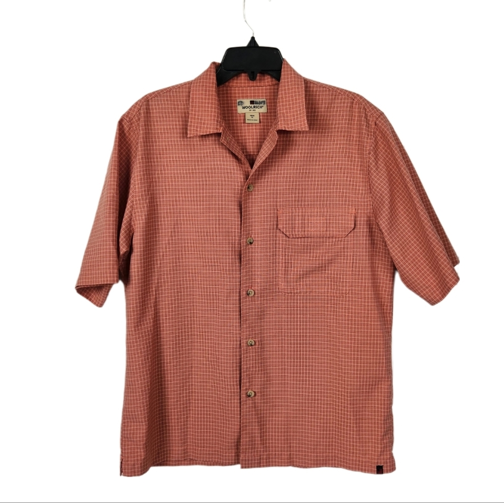 Woolrich Shirt Short Sleeve Button Up Mens M Peach Salmon Checker Pocket